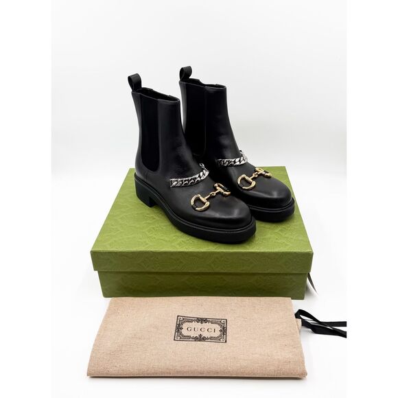 Gucci Deva Horsebit Chain Ankle Boots Combat Black Leather EU 41 US 11 - Picture 1 of 10